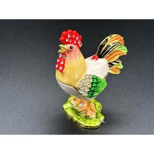 Decorative Rooster Trinket Box Figurine with Rhinestone Accents